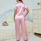 Women's Striped Pajama Set Button Front Short Sleeve Pants – Loungewear