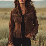 Women’s Suede Jacket Fringe Trim Button Front Zip Chest Pockets – Ranch Gatherings