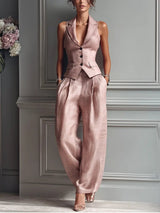 Women's Suit Set Sleeveless Notched Lapel Wide Leg Pants – Business Lunch