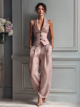 Women's Suit Set Sleeveless Notched Lapel Wide Leg Pants – Business Lunch