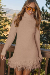 Women's Sweater Dress Turtleneck Fringe Hem Long Sleeve – Weekend Getaway