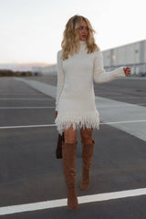 Women's Sweater Dress Turtleneck Fringe Hem Long Sleeve – Weekend Getaway
