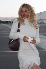 Women's Sweater Dress Turtleneck Fringe Hem Long Sleeve – Weekend Getaway
