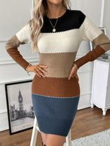 Women’s Sweater Dress Round Neck Color Block Long Sleeves Ribbed Trim – Family Gatherings