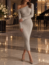 Women’s Sweater Maxi Dress Asymmetrical Neckline Long Sleeves Ribbed Knit – Gallery Evenings