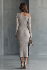 Women’s Sweater Maxi Dress Asymmetrical Neckline Long Sleeves Ribbed Knit – Gallery Evenings