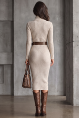 Women’s Sweater Midi Dress Ribbed Knit V-Neck Long Sleeves – Dinner Gatherings