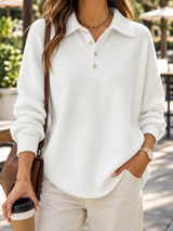 Women’s Sweater Polo Collar Button Placket Textured Knit Long Sleeves – Weekend Brunches
