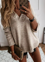 Women's Sweater V Neck Ribbed Trim Long Sleeve Knit Pullover – Casual Errands
