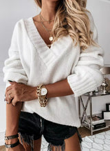 Women's Sweater V Neck Ribbed Trim Long Sleeve Knit Pullover – Casual Errands