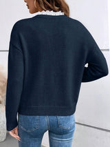 Women's Sweater V Neck Scalloped Trim Dropped Shoulder Long Sleeve – Brunch Outings
