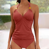 Women's Tankini Swimsuit Set Halter V Neck Ruched Top – Beach Vacation