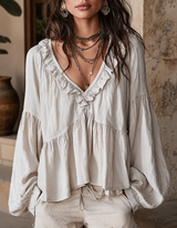 Women's Tiered Blouse Ruffle V Neck Gathered Balloon Sleeve – Day Trip