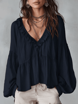 Women's Tiered Blouse Ruffle V Neck Gathered Balloon Sleeve – Day Trip