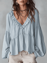 Women's Tiered Blouse Ruffle V Neck Gathered Balloon Sleeve – Day Trip