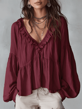 Women's Tiered Blouse Ruffle V Neck Gathered Balloon Sleeve – Day Trip