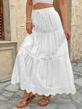 Women's Tiered Maxi Skirt Lace Trim High Waist – Flowy Summer Style