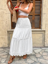 Women's Tiered Maxi Skirt Lace Trim High Waist – Flowy Summer Style