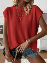 Women’s Top Crew Neck Cap Sleeves Center Front Seam – Casual Day Trips