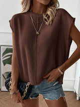 Women’s Top Crew Neck Cap Sleeves Center Front Seam – Casual Day Trips