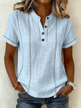 Women's Top Short Sleeve Button Neck Stitch Detail Curved Hem – Art Walk