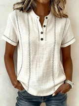 Women's Top Short Sleeve Button Neck Stitch Detail Curved Hem – Art Walk