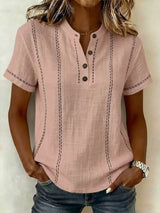 Women's Top Short Sleeve Button Neck Stitch Detail Curved Hem – Art Walk