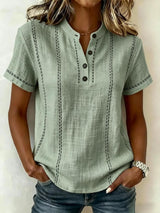 Women's Top Short Sleeve Button Neck Stitch Detail Curved Hem – Art Walk