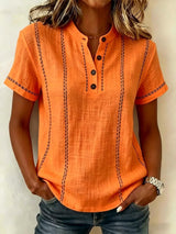Women's Top Short Sleeve Button Neck Stitch Detail Curved Hem – Art Walk