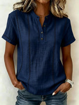 Women's Top Short Sleeve Button Neck Stitch Detail Curved Hem – Art Walk