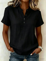 Women's Top Short Sleeve Button Neck Stitch Detail Curved Hem – Art Walk