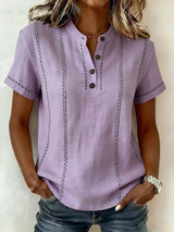 Women's Top Short Sleeve Button Neck Stitch Detail Curved Hem – Art Walk