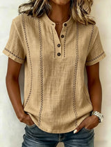 Women's Top Short Sleeve Button Neck Stitch Detail Curved Hem – Art Walk