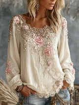 Women’s Top Wide Scoop Neck Floral Appliqué Lace Trim – Afternoon Tea Gatherings