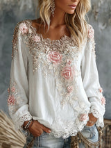 Women’s Top Wide Scoop Neck Floral Appliqué Lace Trim – Afternoon Tea Gatherings