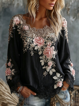Women’s Top Wide Scoop Neck Floral Appliqué Lace Trim – Afternoon Tea Gatherings