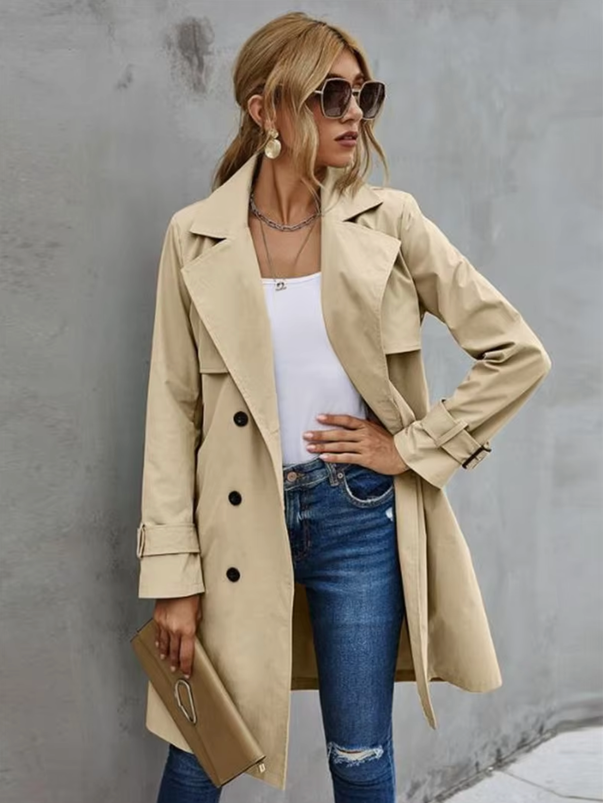 Women's Trench Coat Long Sleeve Waist Belt – Workday Wear