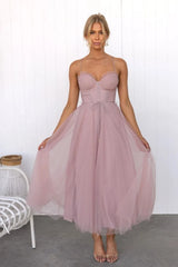 Women's Tulle Midi Wedding Guest DressSweetheart Corset Spaghetti Strap – Formal Party Wear
