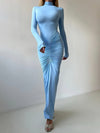 Women's Turtleneck Maxi Evening Party Dress Ruched Long Sleeve – Night Out