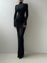 Women's Turtleneck Maxi Evening Party Dress Ruched Long Sleeve – Night Out