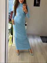 Women's Turtleneck Maxi Evening Party Dress Ruched Long Sleeve – Night Out
