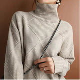 Women's Turtleneck Sweater Diamond Knit Long Sleeve Ribbed Cuffs – Gallery Visit