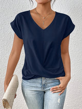 Women's Twist Front Blouse V-Neck Rolled Sleeve – Everyday Wear