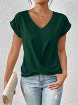 Women's Twist Front Blouse V-Neck Rolled Sleeve – Everyday Wear