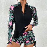 Women's Two-Piece Bathing Suit Long Sleeve Zip Front – Beach Vacation