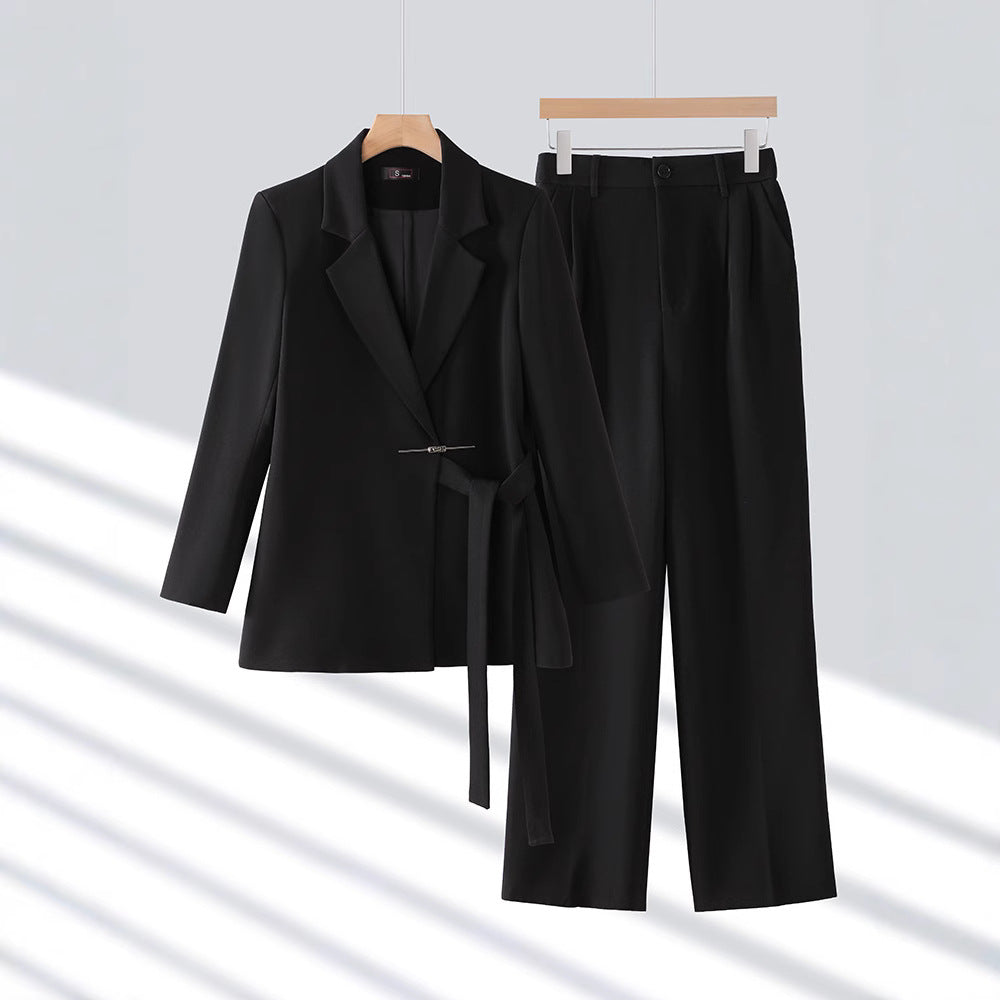 Women's Two Piece Blazer Suit Set Notch Lapel Wide Leg Trouser – Office Wear