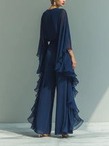Women's Two-Piece Set Cape Sleeve Wide Leg Side Ruffle – Cocktail Party