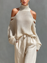 Women's Two-Piece Set Cold Shoulder High Neck Wide Leg – Beach Vacation