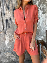 Women's Two Piece Set Collared Shirt Roll Tab Sleeve Shorts – Summer Outings