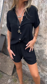 Women's Two Piece Set Collared Shirt Roll Tab Sleeve Shorts – Summer Outings